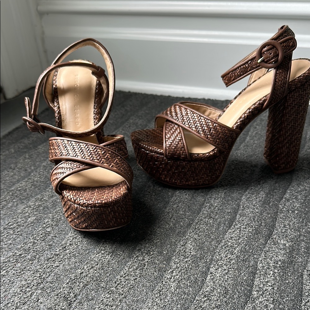 Veronica Beard Brown leather woven platform Sandals